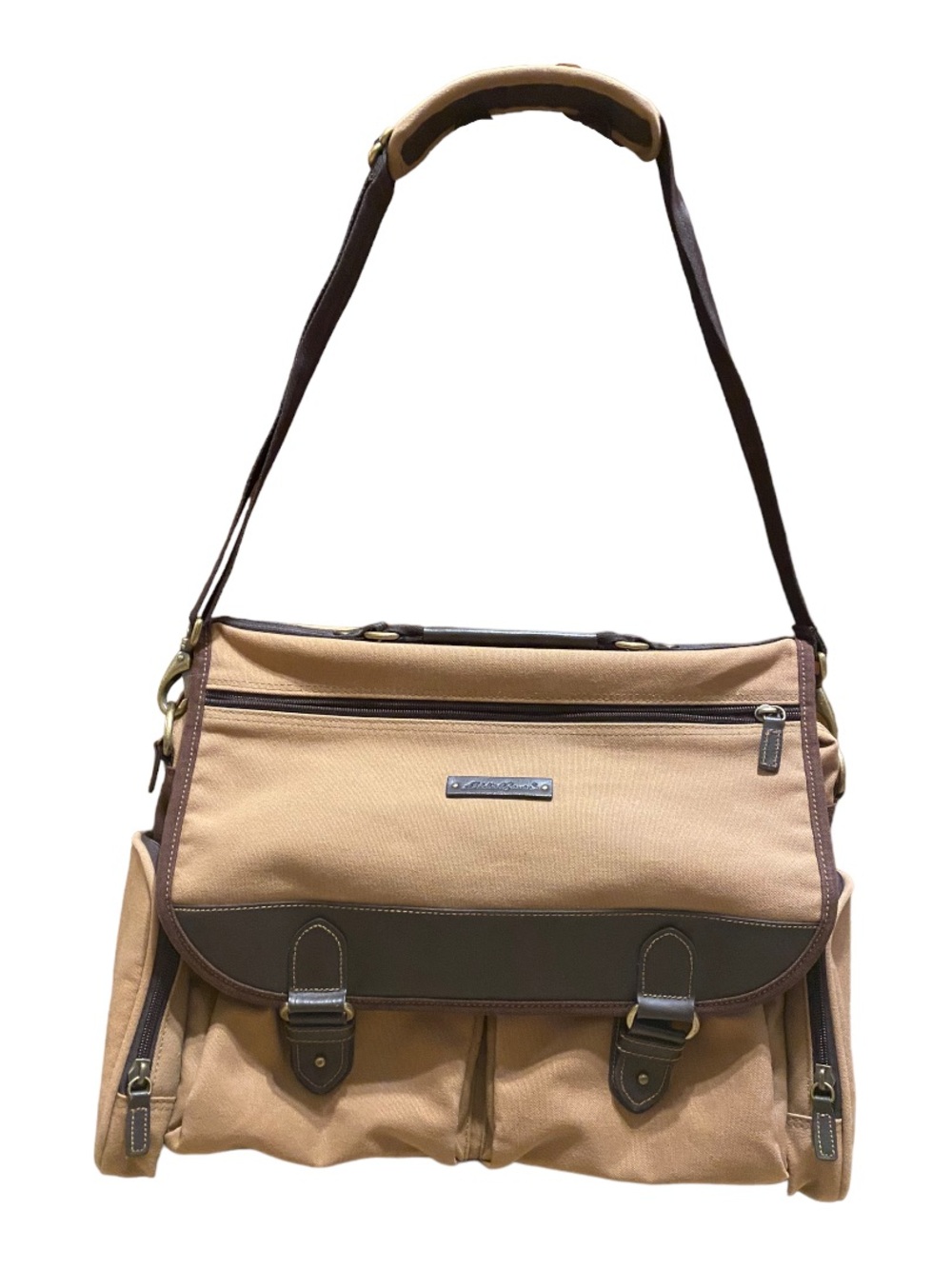 Eddie Bauer Canvas Messenger Bag With Brown Leather Flap And Shoulder Strap